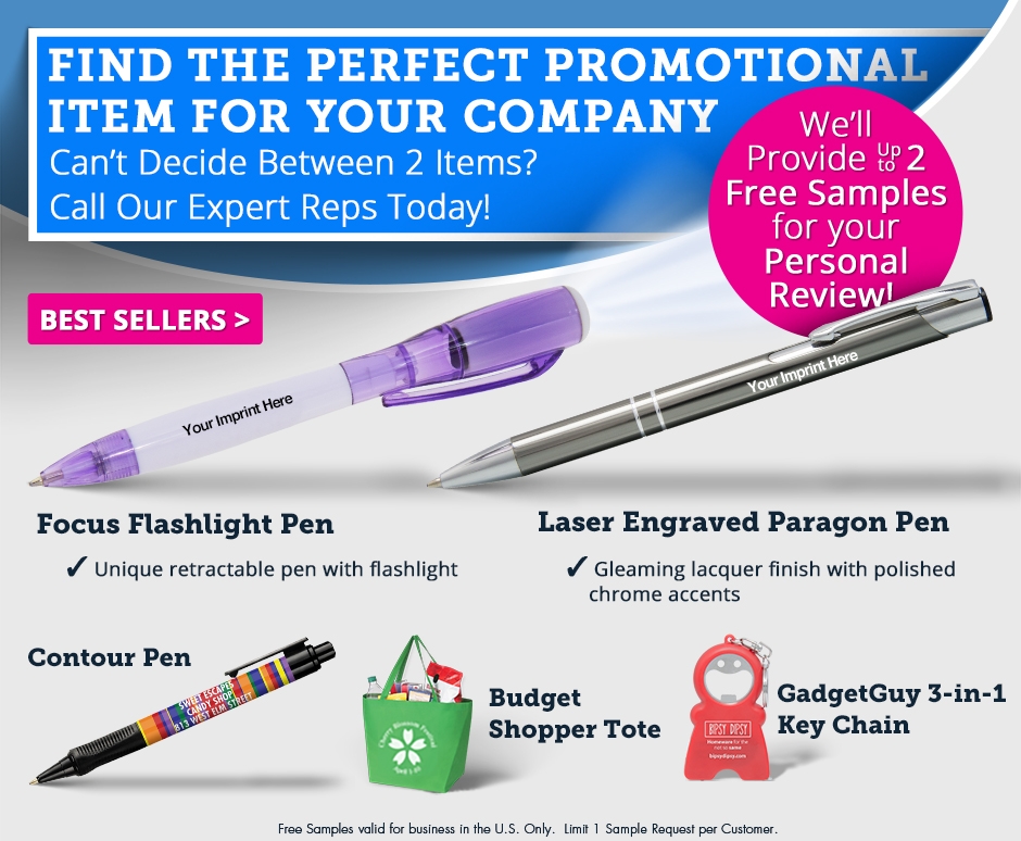 Get your FREE sample of our best selling promotional products!